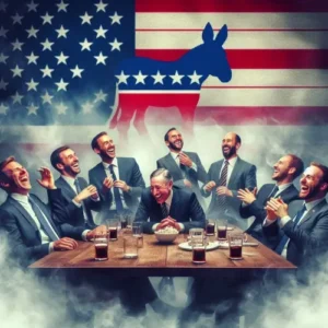 A group of elite men, sitting around a table in a smokey room, laughing, with a representation of the American flag with a Donkey overlaid on, discussing the future of the Democrat Party Nominee and replacing Joe Biden