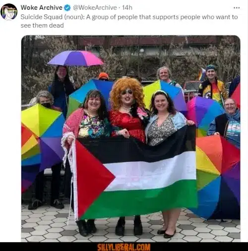 A group of LGBTQ Gay People holding rainbow umbrellas with multicolor hair, holding a palestinian flag.